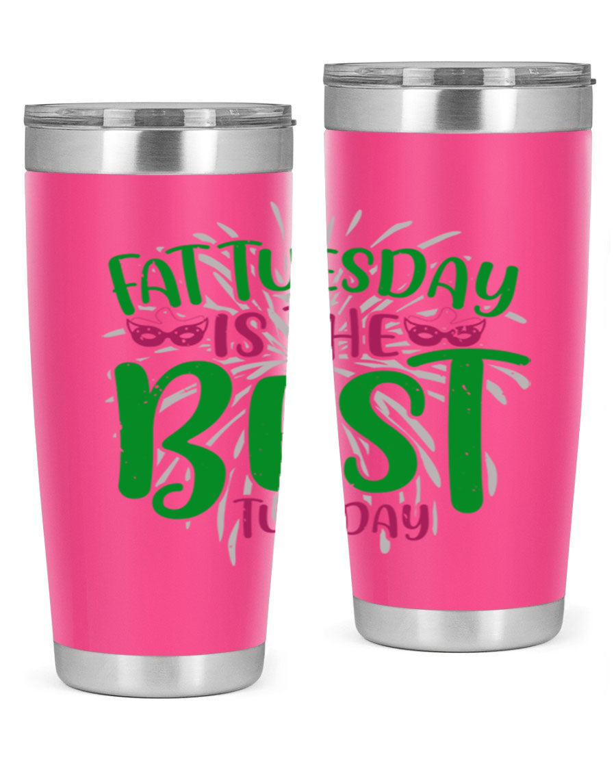 Fat Tuesday is the Best Tuesday 88# tumbler in vibrant colors, showcasing its double wall vacuum stainless steel design and drink-thru lid.