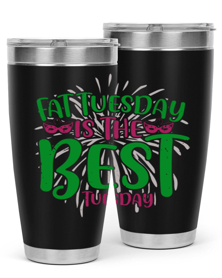 Fat Tuesday is the Best Tuesday 88# tumbler in vibrant colors, showcasing its double wall vacuum stainless steel design and drink-thru lid.