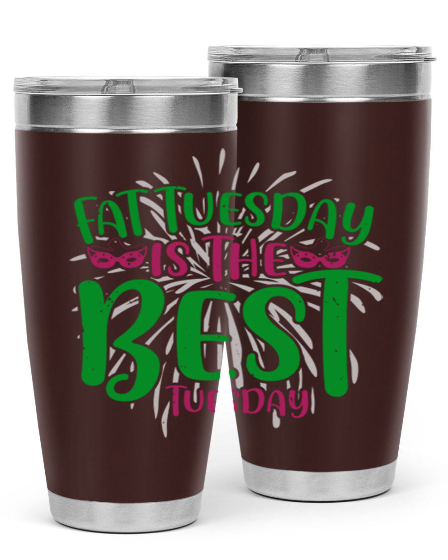 Fat Tuesday is the Best Tuesday 88# tumbler in vibrant colors, showcasing its double wall vacuum stainless steel design and drink-thru lid.