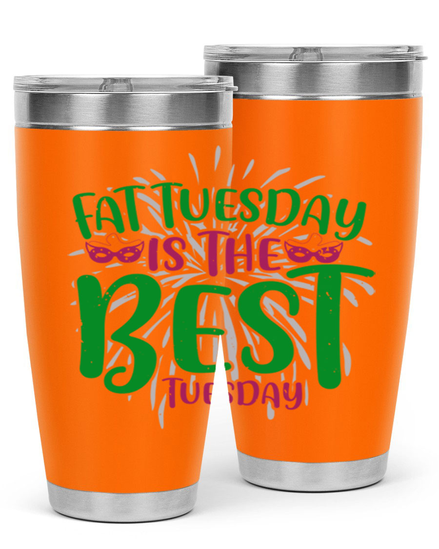 Fat Tuesday is the Best Tuesday 88# tumbler in vibrant colors, showcasing its double wall vacuum stainless steel design and drink-thru lid.