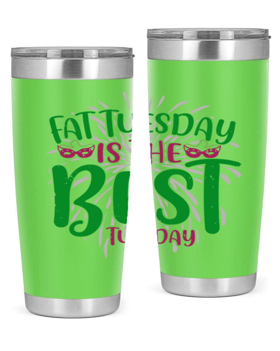 Fat Tuesday is the Best Tuesday 88# tumbler in vibrant colors, showcasing its double wall vacuum stainless steel design and drink-thru lid.