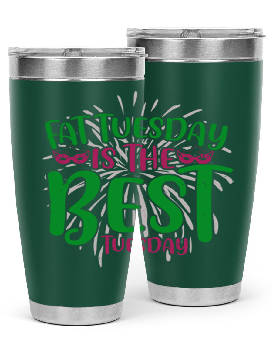 Fat Tuesday is the Best Tuesday 88# tumbler in vibrant colors, showcasing its double wall vacuum stainless steel design and drink-thru lid.