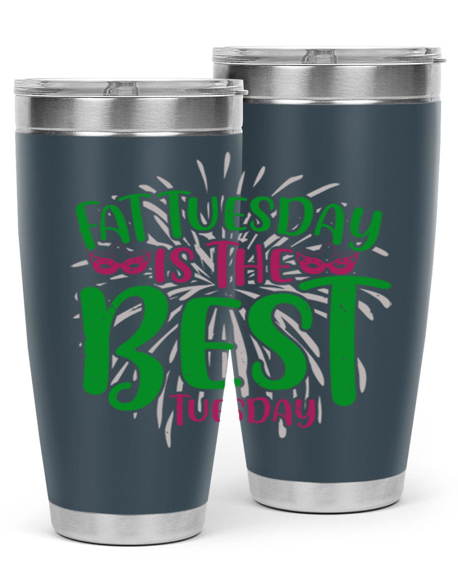 Fat Tuesday is the Best Tuesday 88# tumbler in vibrant colors, showcasing its double wall vacuum stainless steel design and drink-thru lid.