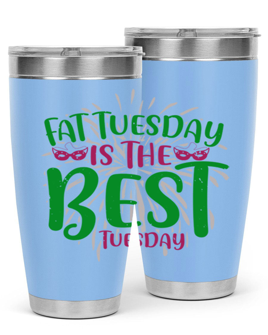Fat Tuesday is the Best Tuesday 88# tumbler in vibrant colors, showcasing its double wall vacuum stainless steel design and drink-thru lid.