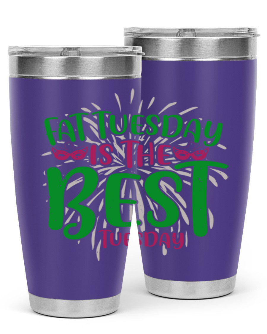 Fat Tuesday is the Best Tuesday 88# tumbler in vibrant colors, showcasing its double wall vacuum stainless steel design and drink-thru lid.