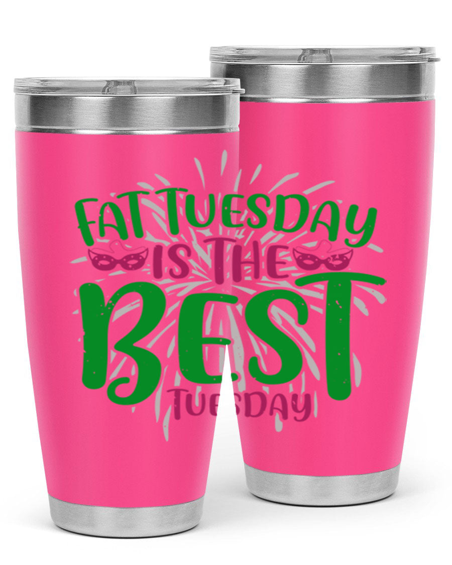 Fat Tuesday is the Best Tuesday 88# tumbler in vibrant colors, showcasing its double wall vacuum stainless steel design and drink-thru lid.