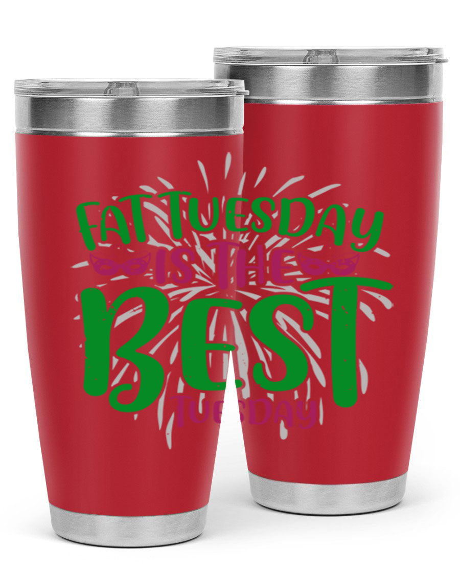 Fat Tuesday is the Best Tuesday 88# tumbler in vibrant colors, showcasing its double wall vacuum stainless steel design and drink-thru lid.