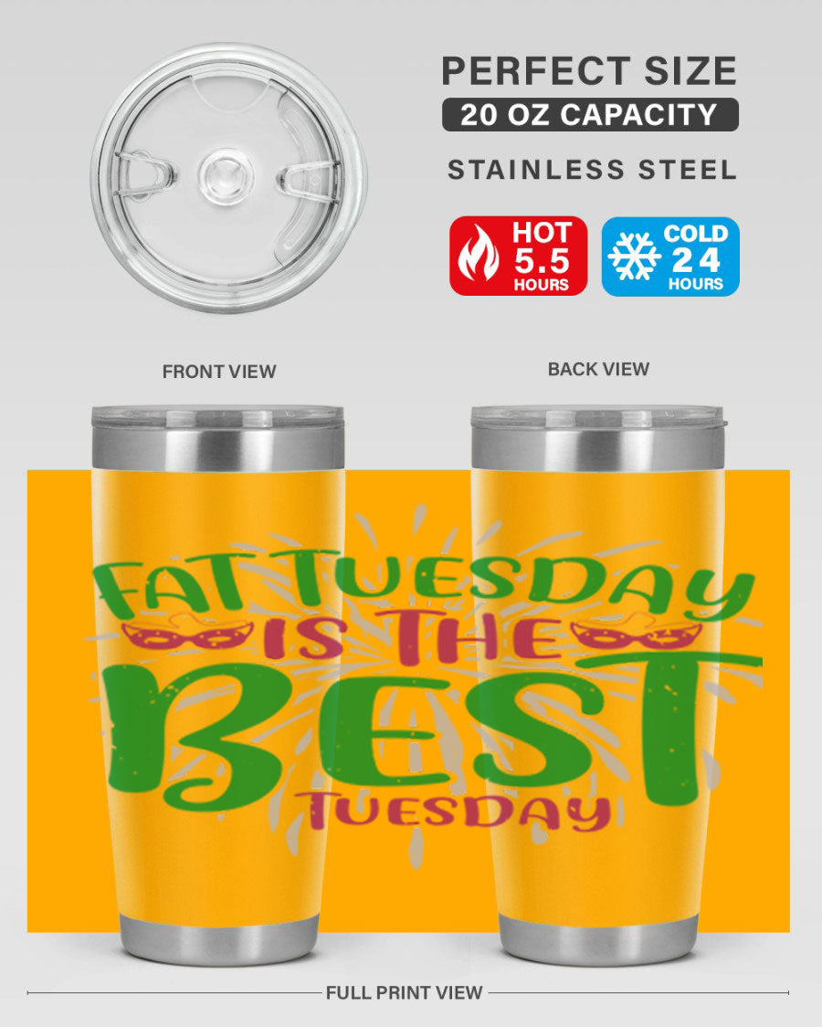 Fat Tuesday is the Best Tuesday 88# tumbler in vibrant colors, showcasing its double wall vacuum stainless steel design and drink-thru lid.