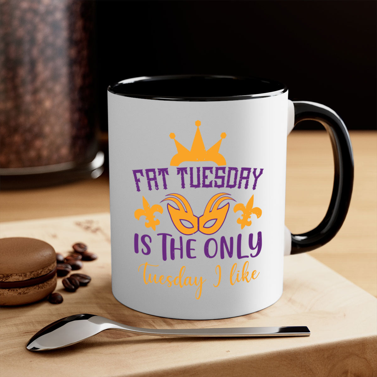 Ceramic 'Fat Tuesday is the Only Tuesday I Like' mug with colorful handle and interior, perfect for coffee and tea.