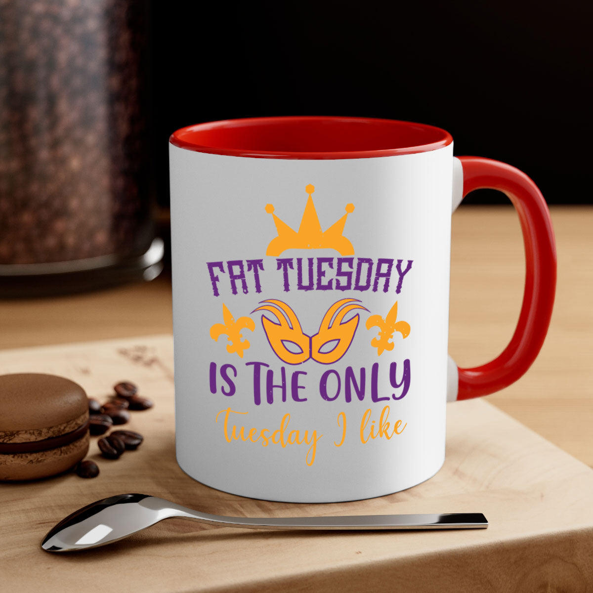 Ceramic 'Fat Tuesday is the Only Tuesday I Like' mug with colorful handle and interior, perfect for coffee and tea.