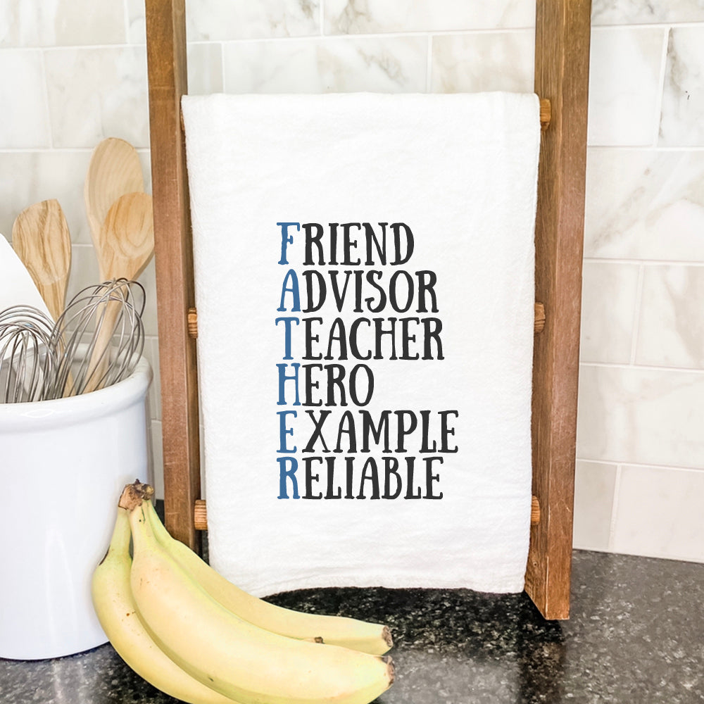 A beautifully designed cotton tea towel featuring Father Acrostic Words, vibrant colors, and hemmed edges, perfect for kitchen use.
