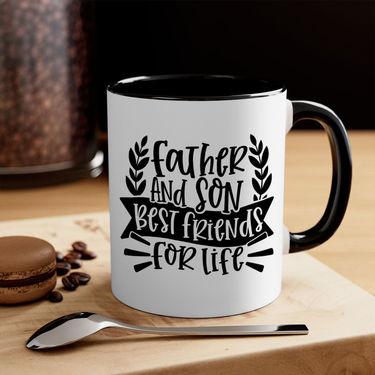 Father and Son Best Friends Mug with two-tone design and colored handle, perfect for coffee or tea.