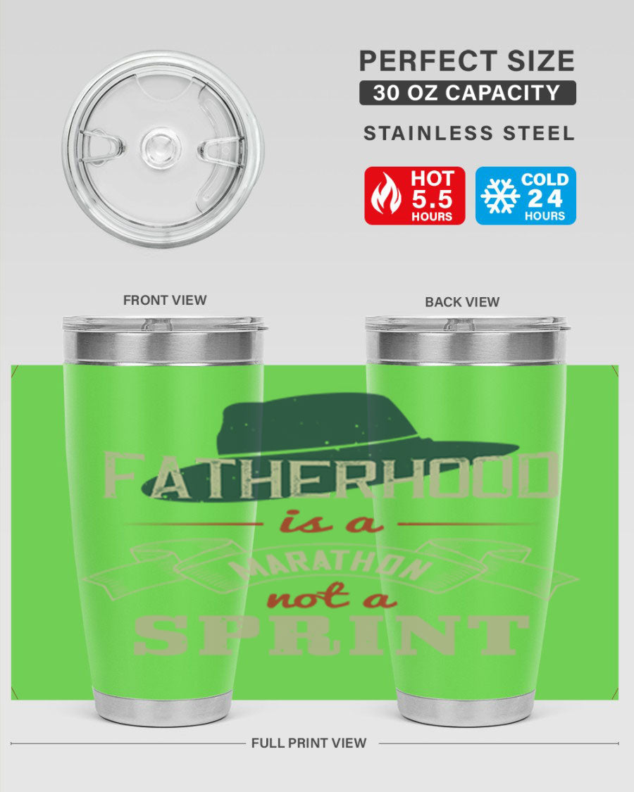 A stylish 'Fatherhood is a Marathon' tumbler in stainless steel, featuring a drink-thru lid and vibrant print, perfect for hot and cold beverages.