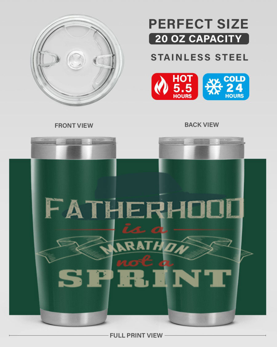 A stylish 'Fatherhood is a Marathon' tumbler in stainless steel, featuring a drink-thru lid and vibrant print, perfect for hot and cold beverages.