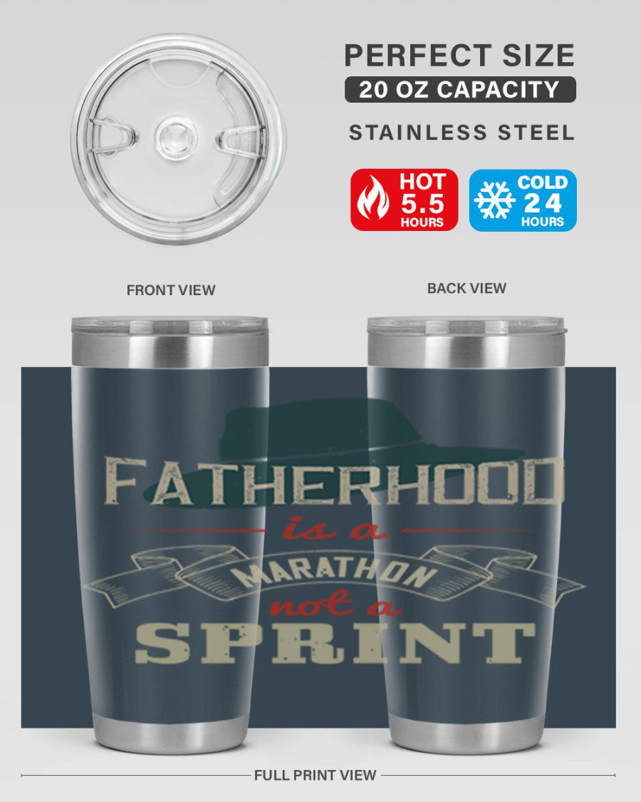 A stylish 'Fatherhood is a Marathon' tumbler in stainless steel, featuring a drink-thru lid and vibrant print, perfect for hot and cold beverages.