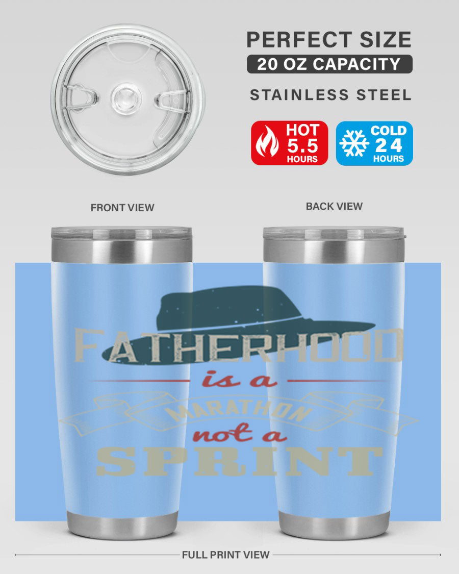 A stylish 'Fatherhood is a Marathon' tumbler in stainless steel, featuring a drink-thru lid and vibrant print, perfect for hot and cold beverages.