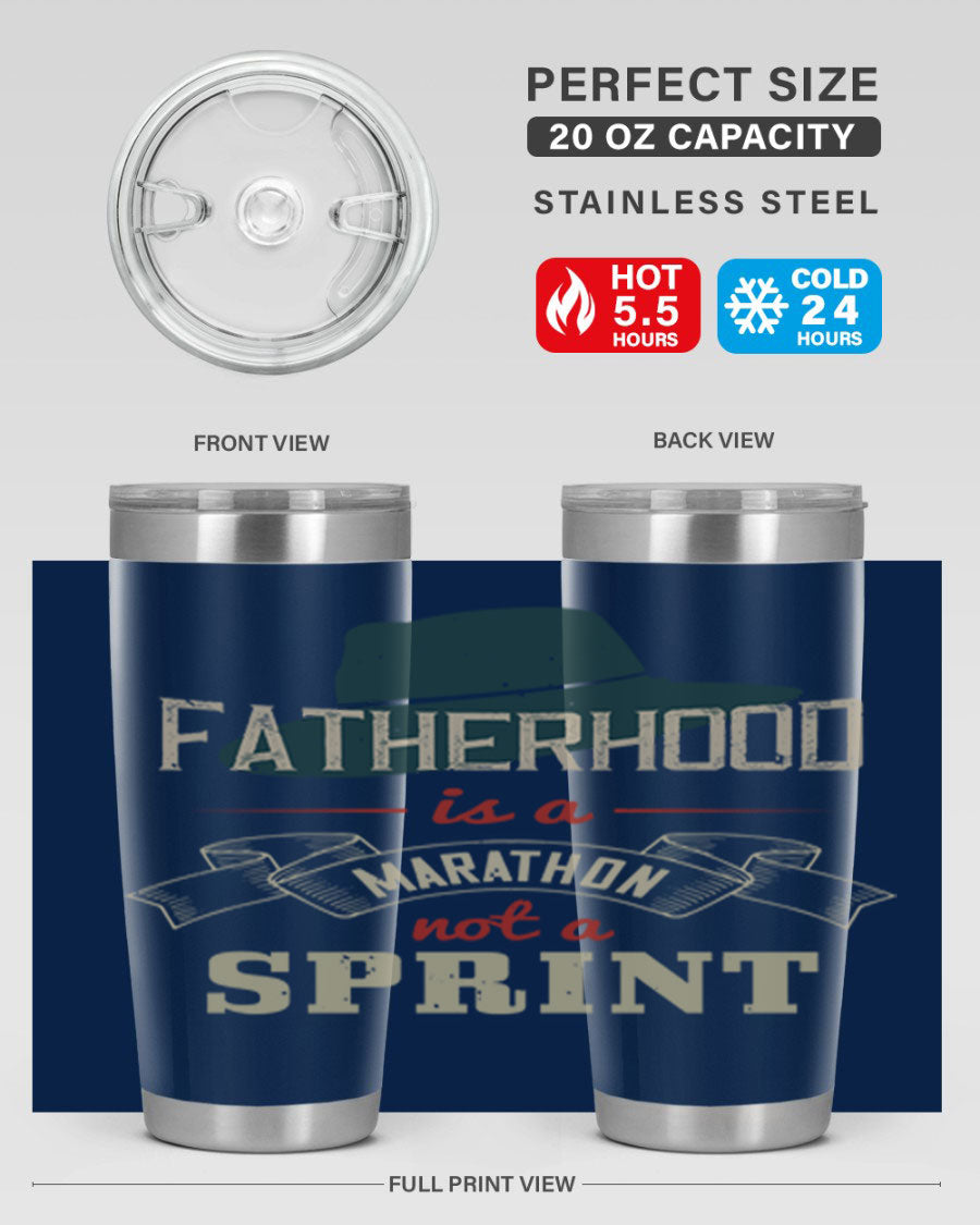 A stylish 'Fatherhood is a Marathon' tumbler in stainless steel, featuring a drink-thru lid and vibrant print, perfect for hot and cold beverages.