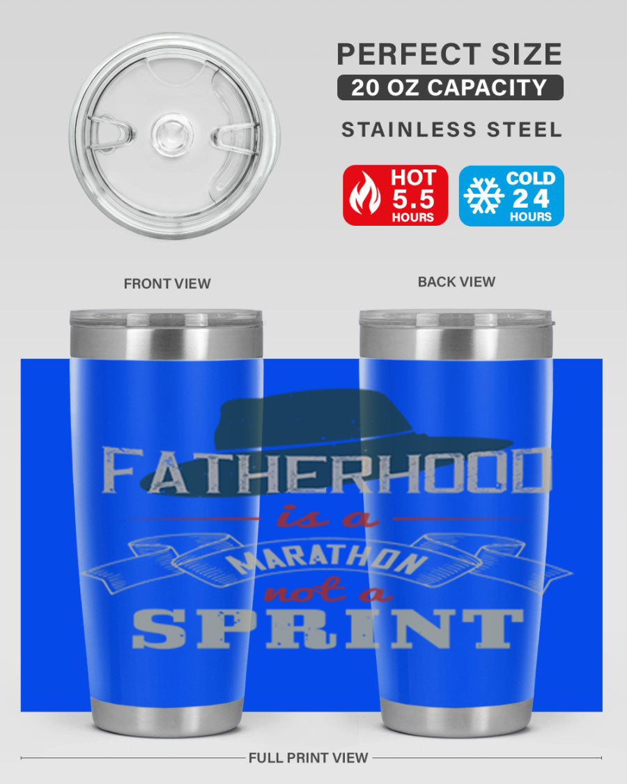 A stylish 'Fatherhood is a Marathon' tumbler in stainless steel, featuring a drink-thru lid and vibrant print, perfect for hot and cold beverages.