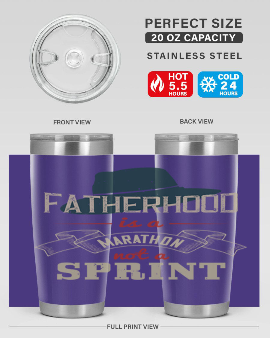 A stylish 'Fatherhood is a Marathon' tumbler in stainless steel, featuring a drink-thru lid and vibrant print, perfect for hot and cold beverages.