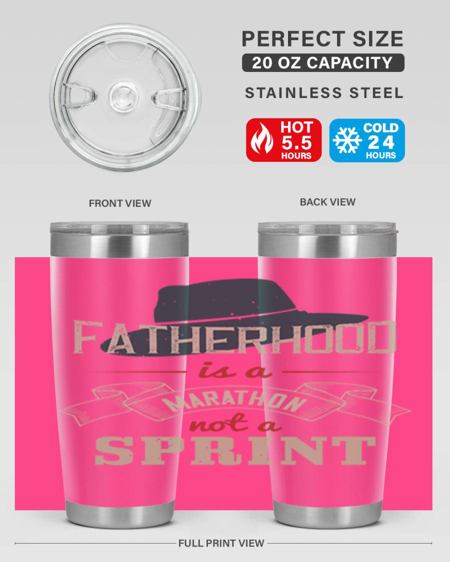 A stylish 'Fatherhood is a Marathon' tumbler in stainless steel, featuring a drink-thru lid and vibrant print, perfect for hot and cold beverages.
