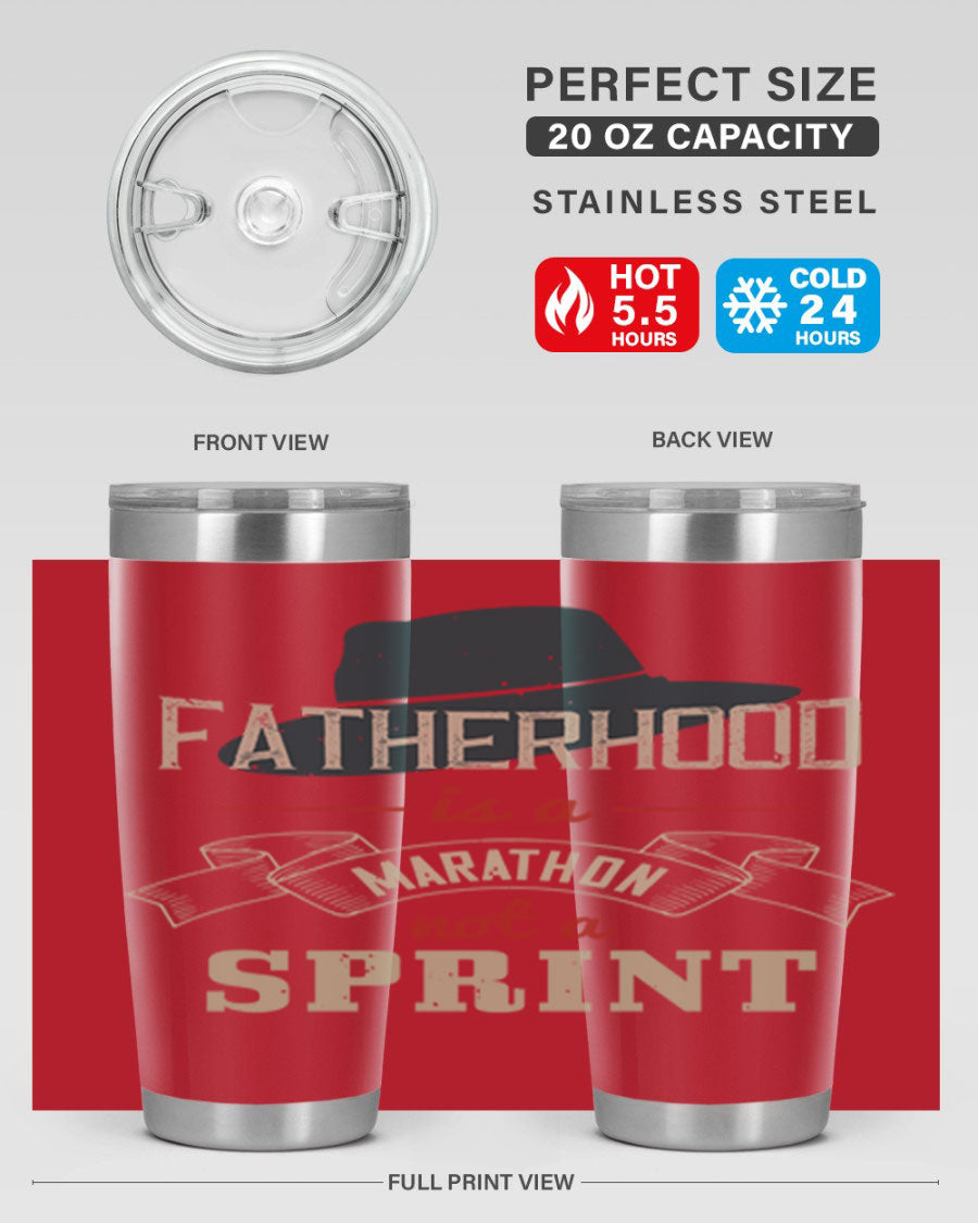 A stylish 'Fatherhood is a Marathon' tumbler in stainless steel, featuring a drink-thru lid and vibrant print, perfect for hot and cold beverages.