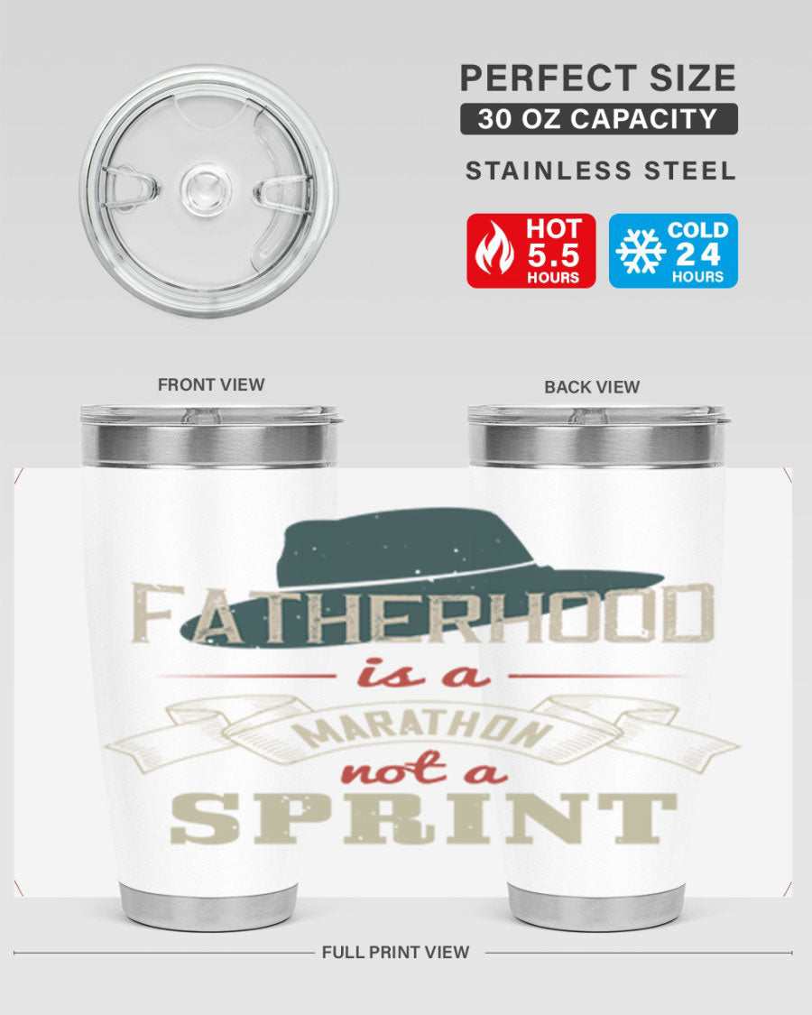 A stylish 'Fatherhood is a Marathon' tumbler in stainless steel, featuring a drink-thru lid and vibrant print, perfect for hot and cold beverages.