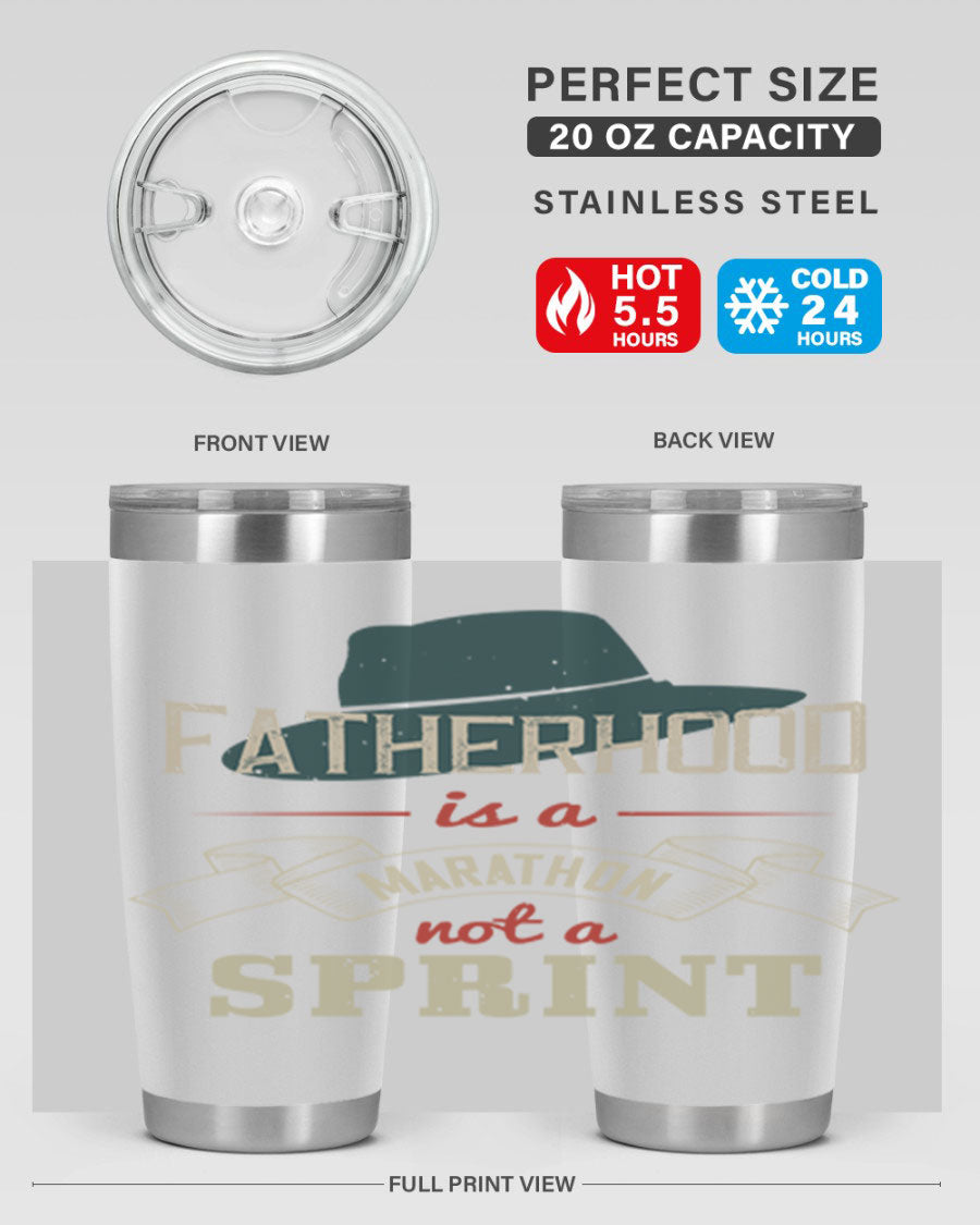 A stylish 'Fatherhood is a Marathon' tumbler in stainless steel, featuring a drink-thru lid and vibrant print, perfect for hot and cold beverages.