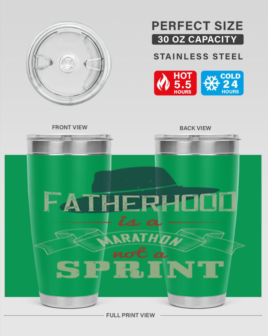 A stylish 'Fatherhood is a Marathon' tumbler in stainless steel, featuring a drink-thru lid and vibrant print, perfect for hot and cold beverages.
