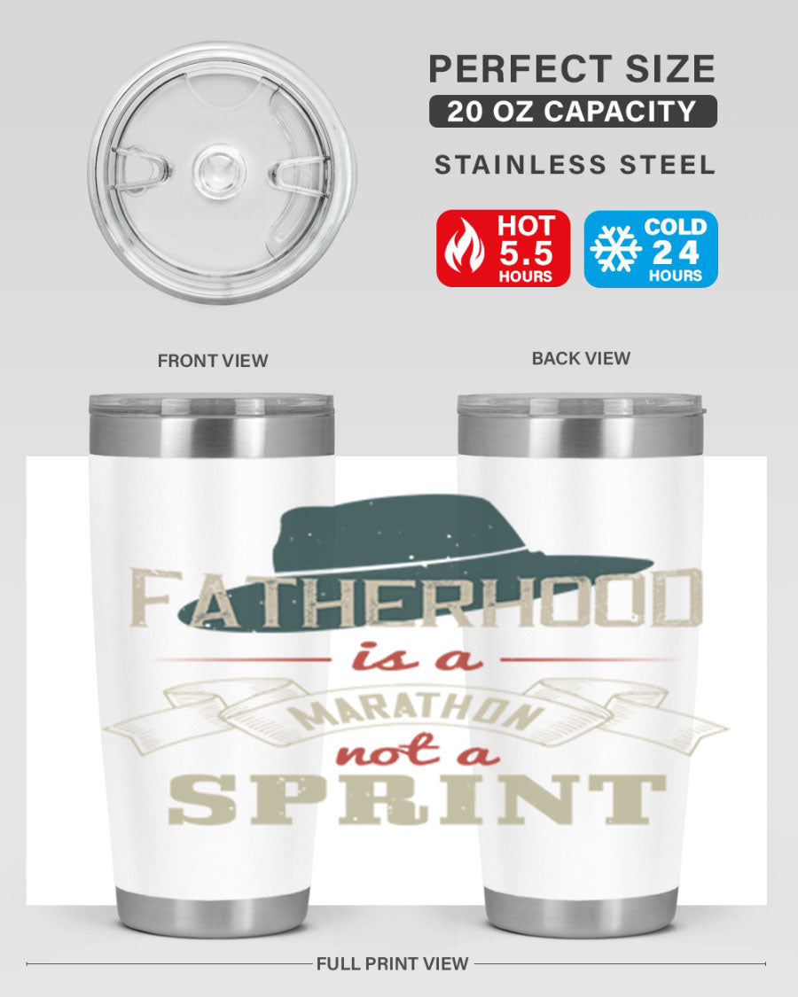 A stylish 'Fatherhood is a Marathon' tumbler in stainless steel, featuring a drink-thru lid and vibrant print, perfect for hot and cold beverages.