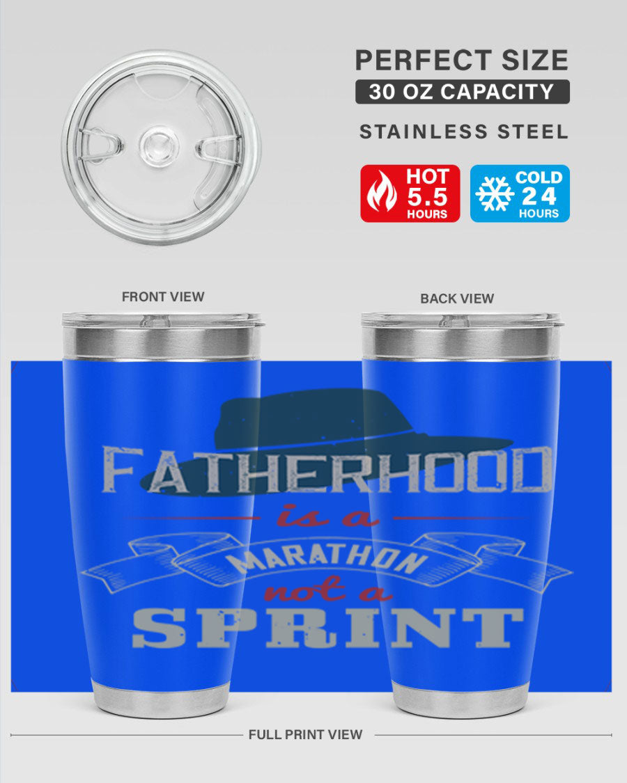 A stylish 'Fatherhood is a Marathon' tumbler in stainless steel, featuring a drink-thru lid and vibrant print, perfect for hot and cold beverages.