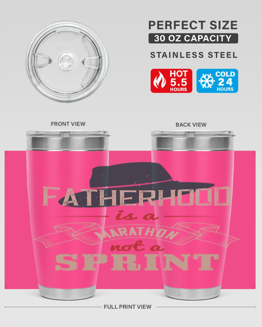 A stylish 'Fatherhood is a Marathon' tumbler in stainless steel, featuring a drink-thru lid and vibrant print, perfect for hot and cold beverages.