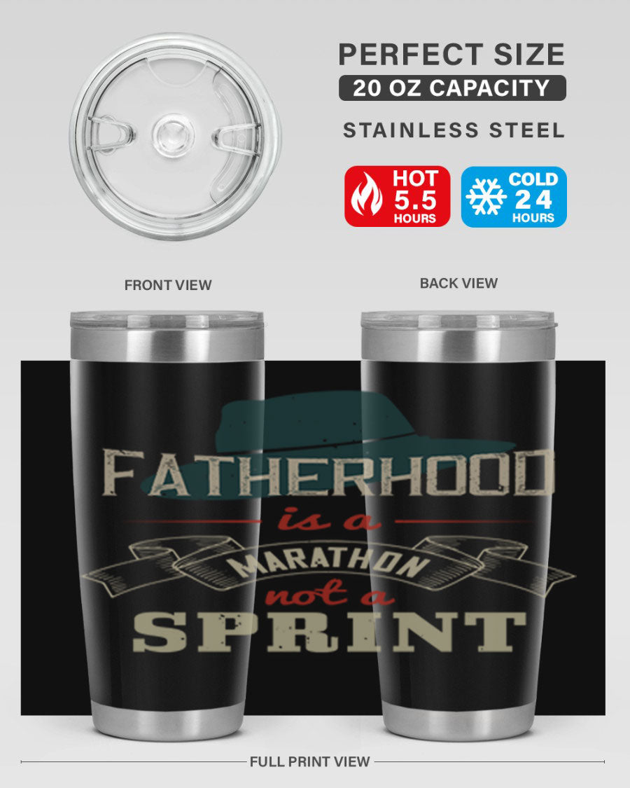 A stylish 'Fatherhood is a Marathon' tumbler in stainless steel, featuring a drink-thru lid and vibrant print, perfect for hot and cold beverages.