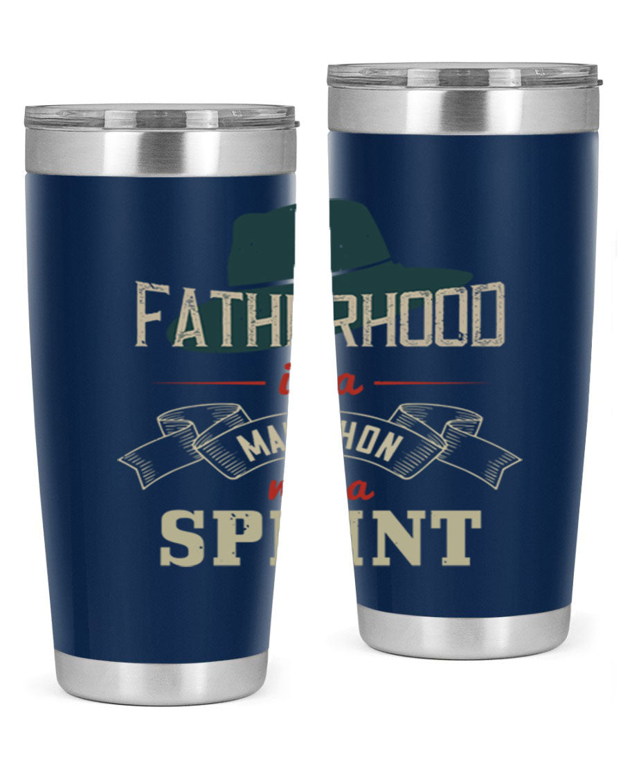A stylish 'Fatherhood is a Marathon' tumbler in stainless steel, featuring a drink-thru lid and vibrant print, perfect for hot and cold beverages.