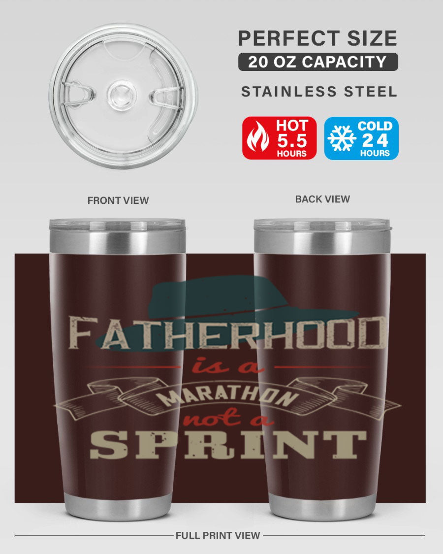 A stylish 'Fatherhood is a Marathon' tumbler in stainless steel, featuring a drink-thru lid and vibrant print, perfect for hot and cold beverages.