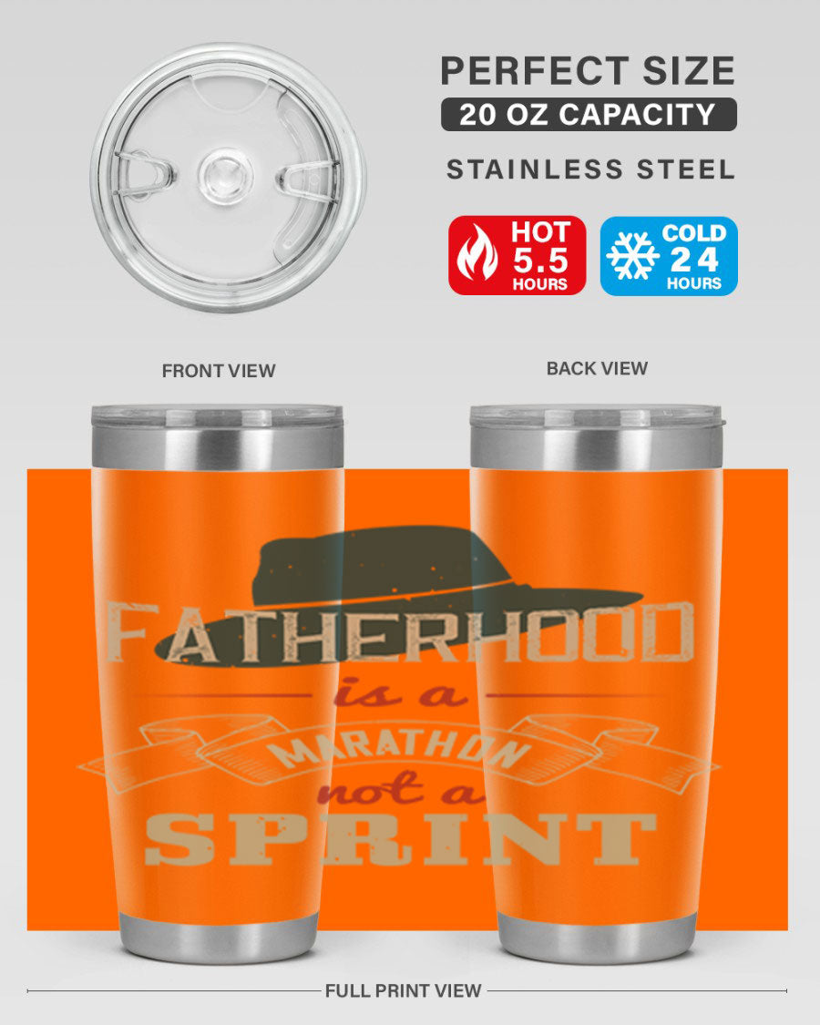 A stylish 'Fatherhood is a Marathon' tumbler in stainless steel, featuring a drink-thru lid and vibrant print, perfect for hot and cold beverages.