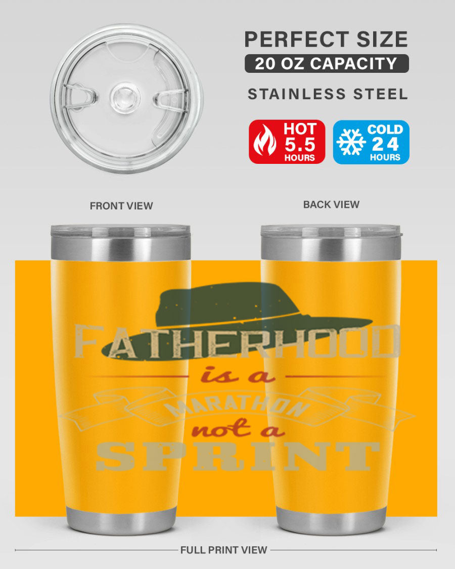 A stylish 'Fatherhood is a Marathon' tumbler in stainless steel, featuring a drink-thru lid and vibrant print, perfect for hot and cold beverages.
