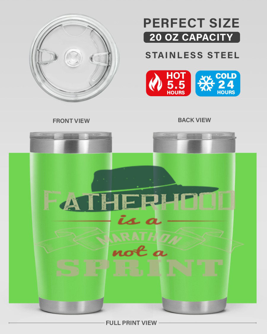 A stylish 'Fatherhood is a Marathon' tumbler in stainless steel, featuring a drink-thru lid and vibrant print, perfect for hot and cold beverages.