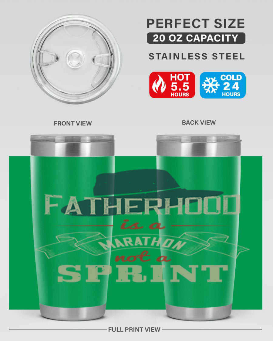 A stylish 'Fatherhood is a Marathon' tumbler in stainless steel, featuring a drink-thru lid and vibrant print, perfect for hot and cold beverages.