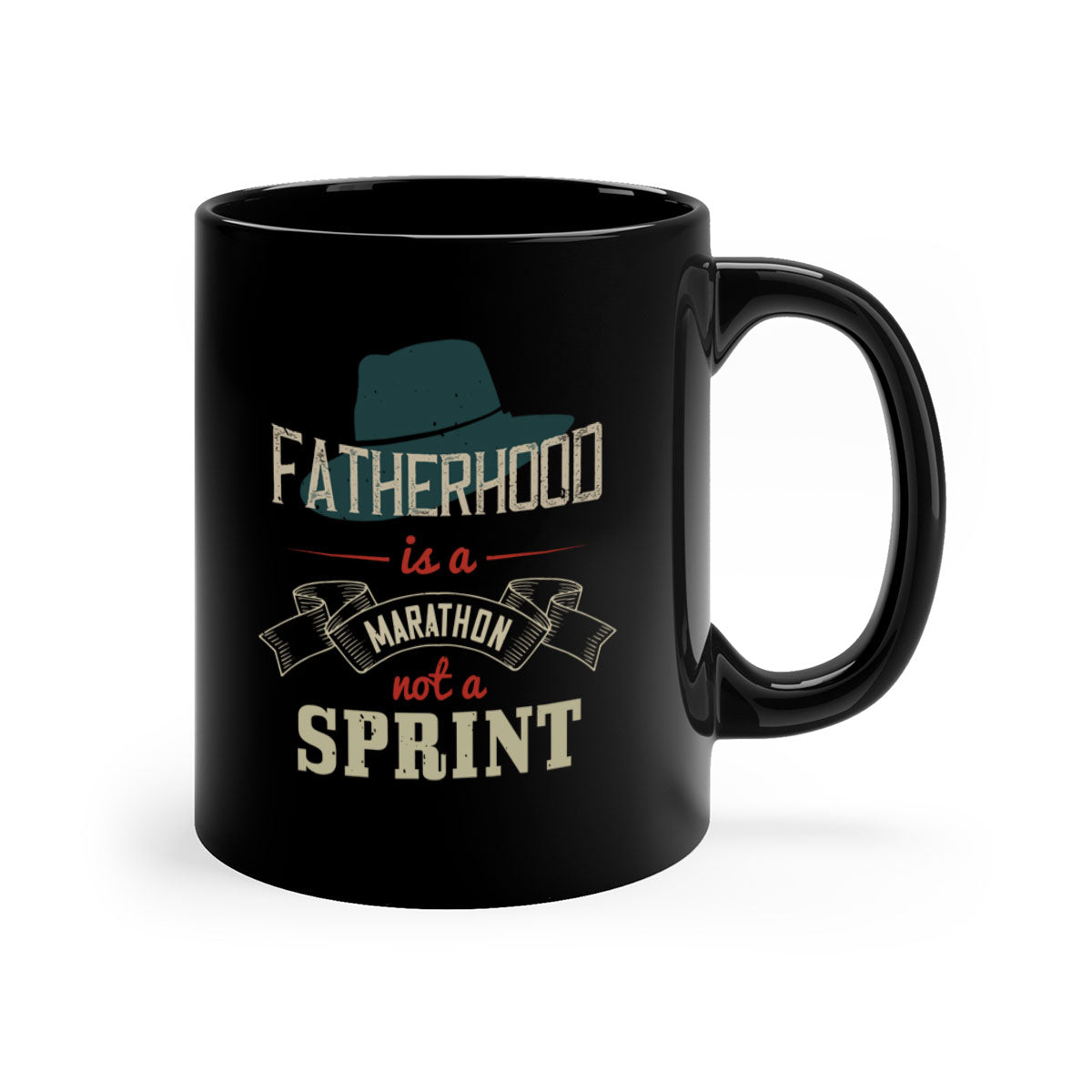 Ceramic 'Fatherhood is a Marathon' mug with a glossy finish, featuring a colored handle and interior, available in five colors.