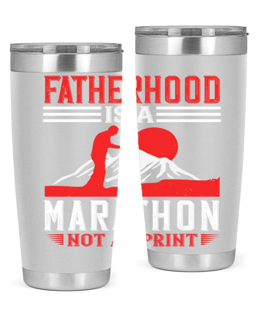 20oz and 30oz stainless steel tumbler with 'Fatherhood is a Marathon Not a Sprint' printed design, perfect for keeping drinks hot or cold.