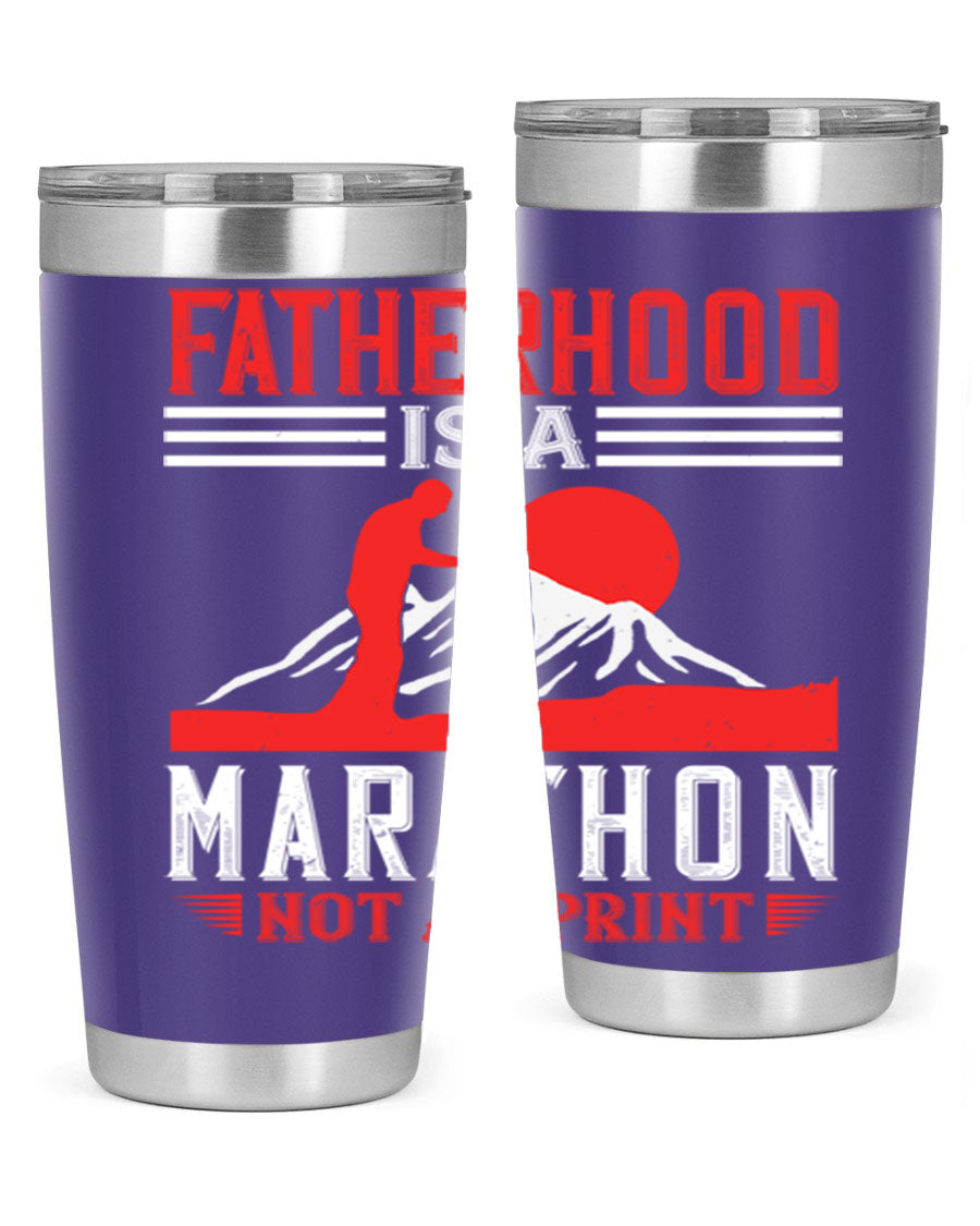 20oz and 30oz stainless steel tumbler with 'Fatherhood is a Marathon Not a Sprint' printed design, perfect for keeping drinks hot or cold.