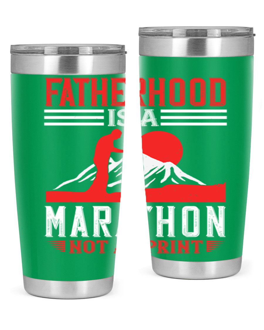 20oz and 30oz stainless steel tumbler with 'Fatherhood is a Marathon Not a Sprint' printed design, perfect for keeping drinks hot or cold.