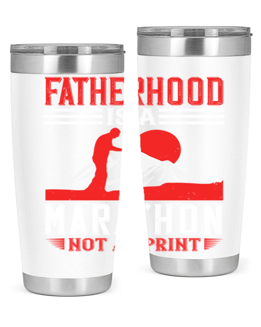 20oz and 30oz stainless steel tumbler with 'Fatherhood is a Marathon Not a Sprint' printed design, perfect for keeping drinks hot or cold.