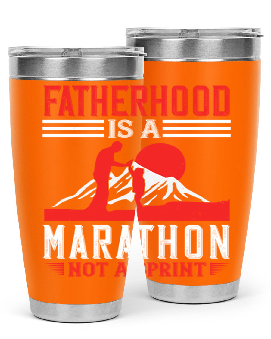 20oz and 30oz stainless steel tumbler with 'Fatherhood is a Marathon Not a Sprint' printed design, perfect for keeping drinks hot or cold.