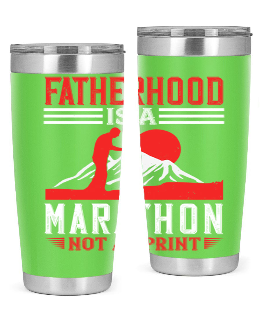 20oz and 30oz stainless steel tumbler with 'Fatherhood is a Marathon Not a Sprint' printed design, perfect for keeping drinks hot or cold.