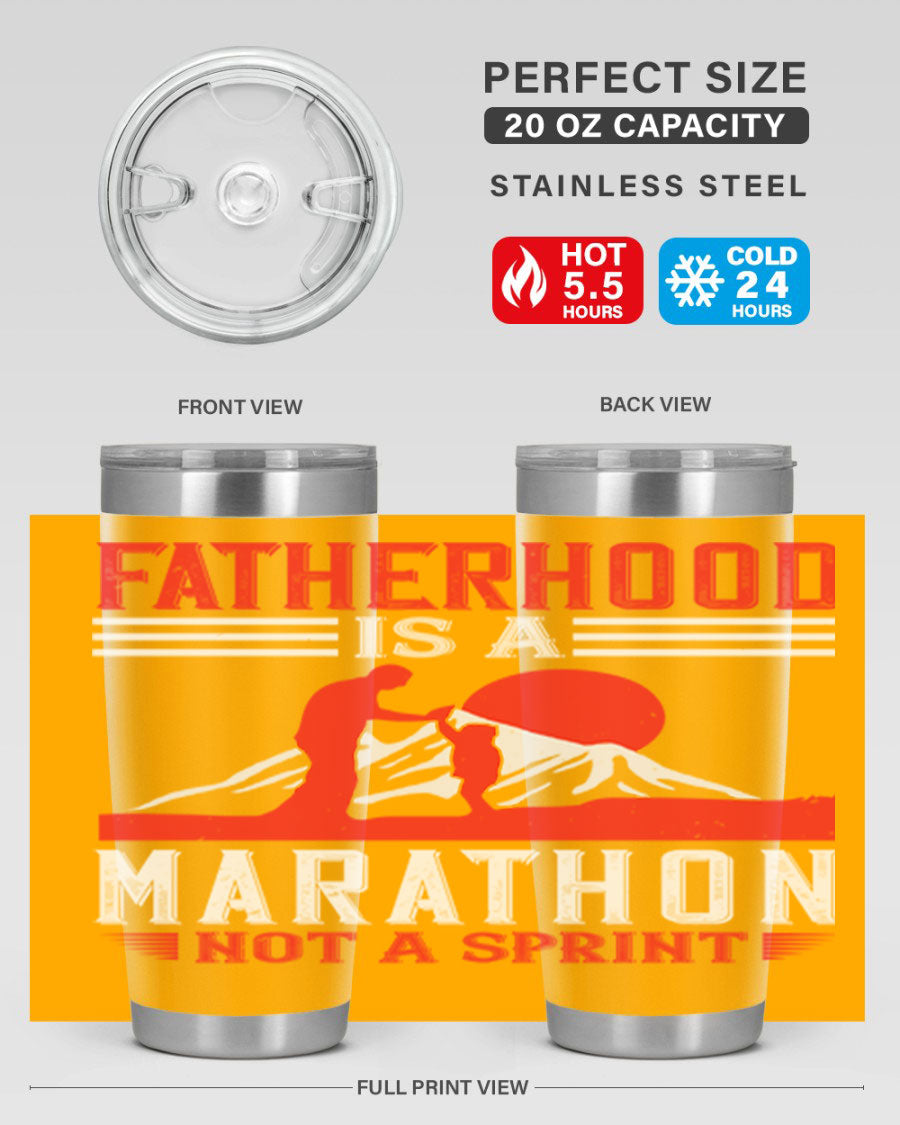 20oz and 30oz stainless steel tumbler with 'Fatherhood is a Marathon Not a Sprint' printed design, perfect for keeping drinks hot or cold.