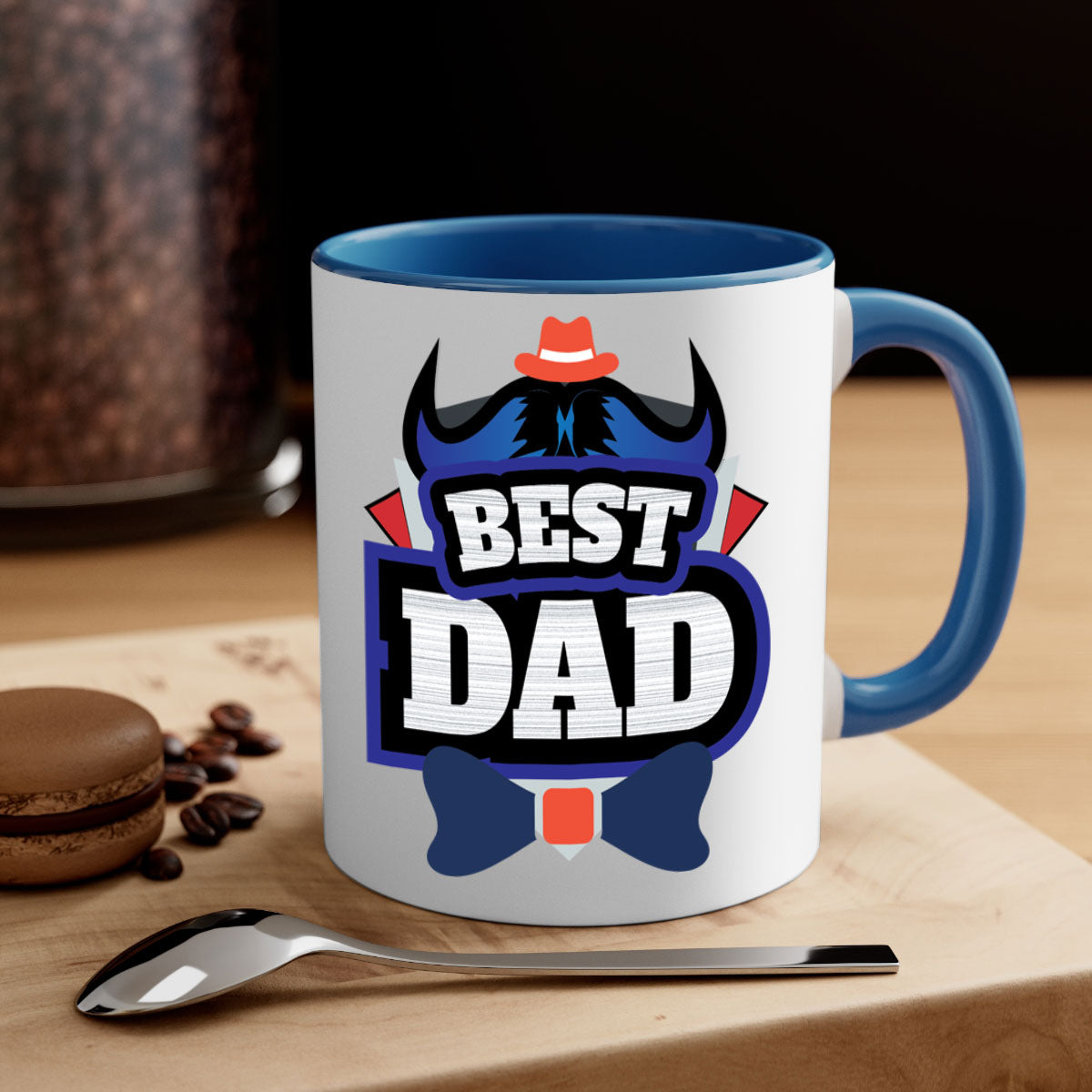 Two-tone ceramic coffee mug with colored handle and glossy finish, perfect for Father's Day gifts.