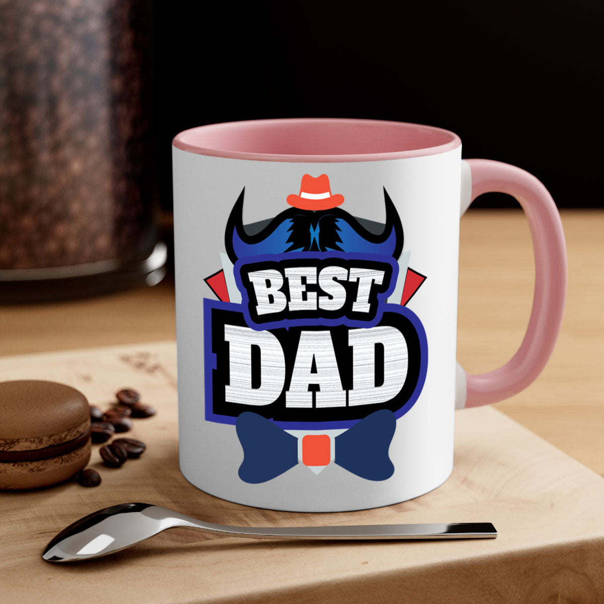 Two-tone ceramic coffee mug with colored handle and glossy finish, perfect for Father's Day gifts.