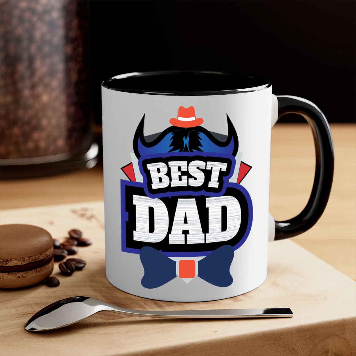 Two-tone ceramic coffee mug with colored handle and glossy finish, perfect for Father's Day gifts.