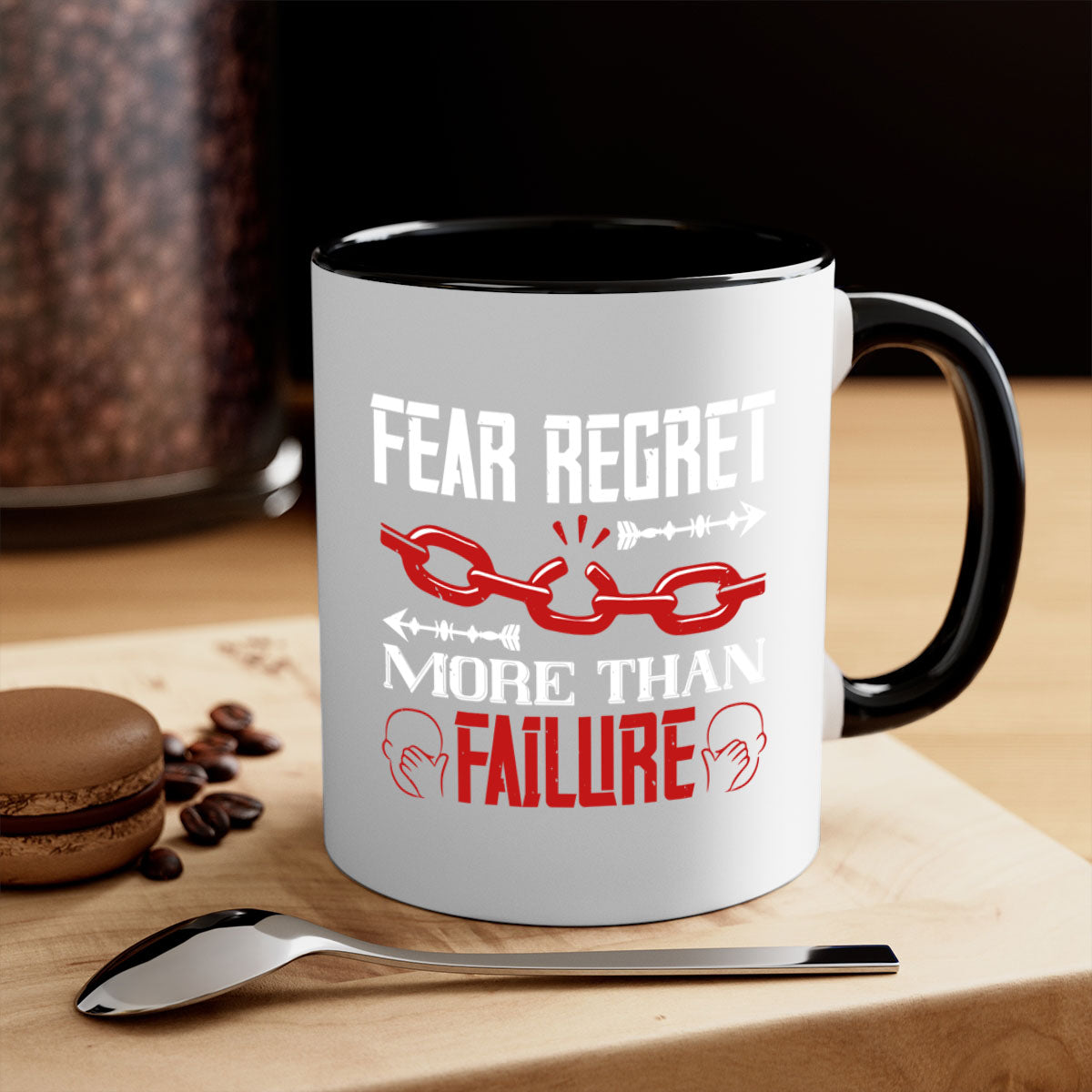 Fear Regret More Than Failure Style 38# Mug with a glossy finish and colorful handle, available in multiple colors.